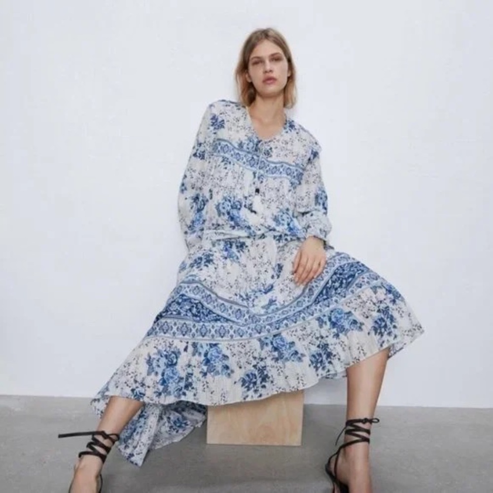 ZARA Boho Floral Print Ruffle Maxi Dress White & Blue Blogger Favorite XS